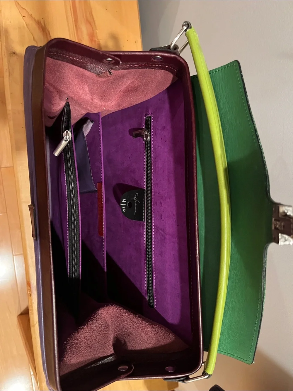 Hester Van Eeghen Purple and Green Accordion Design Handbag Purse Backpack